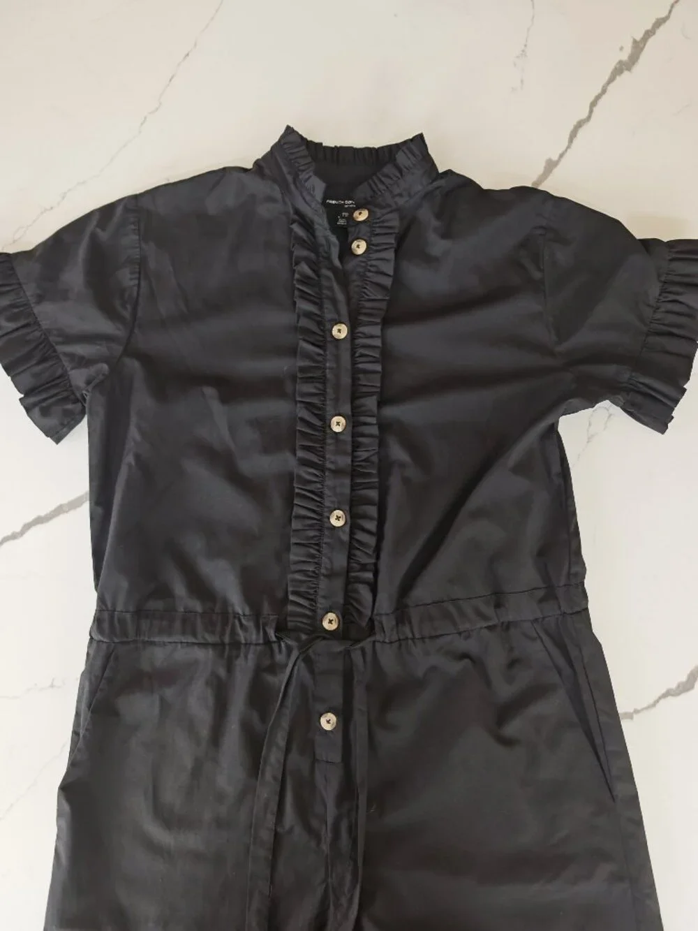 French Connection Black Ruffle Button Front Romper Dress Size 4 | Cinched Waist - Picture 5 of 11